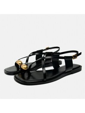 ZARA Black Leather Flat Strappy Gold Metal Toe Sandals